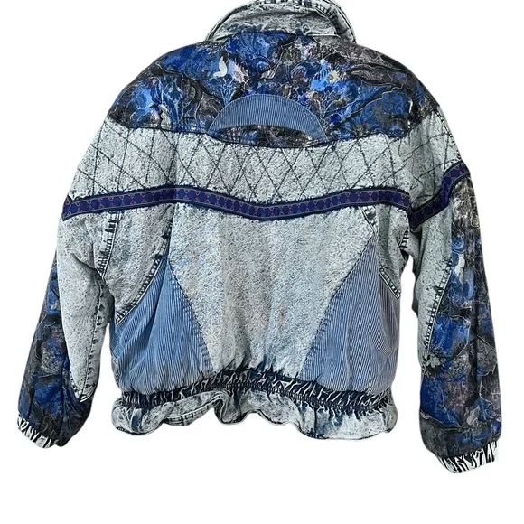 Vtg 80s 90s Acid Wash Denim Puffer Jacket Patchwork Glam Rock Hip Hop Bomber M - Picture 11 of 16
